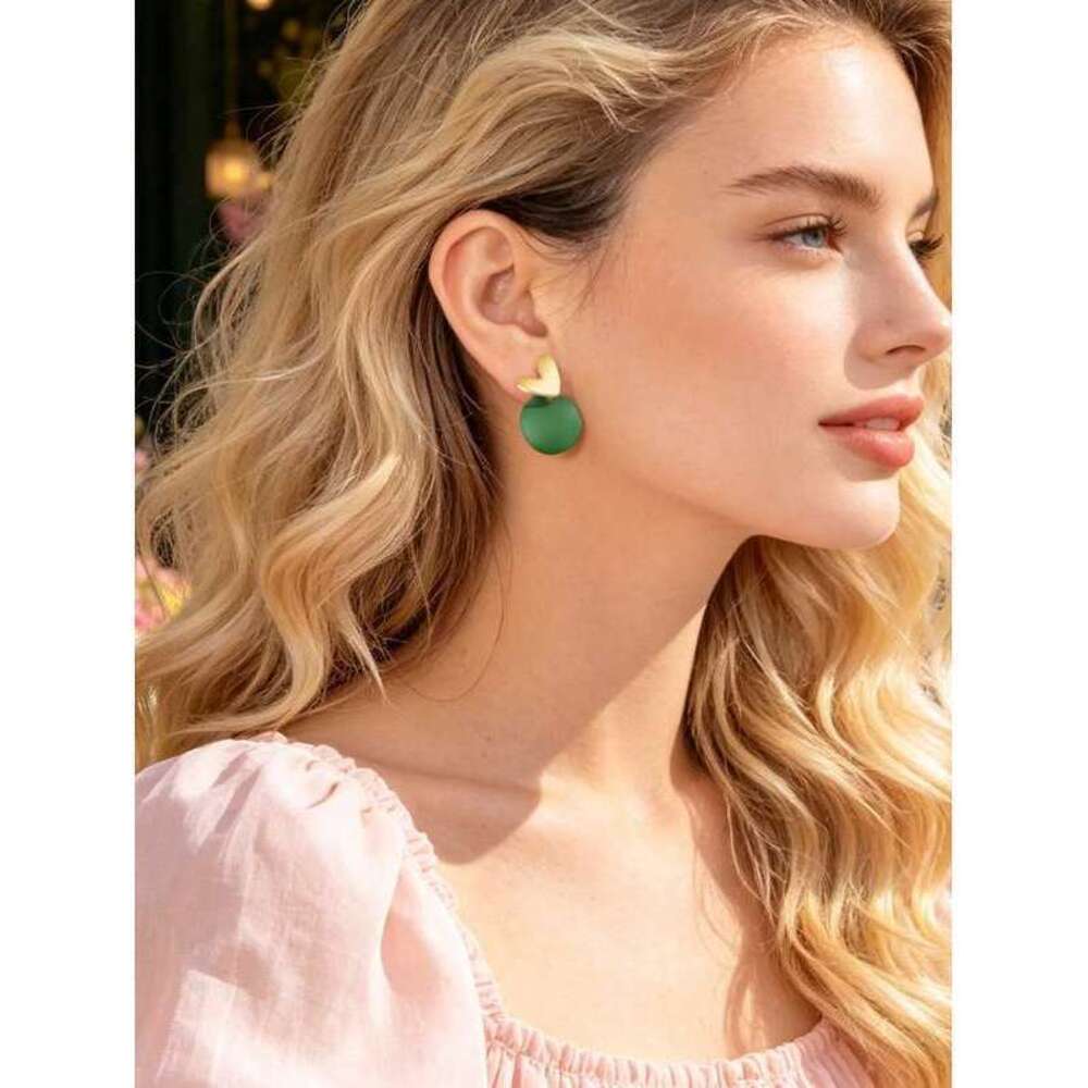 Gold Heart & Green Circle Geometric Stud Earrings, Party Deco